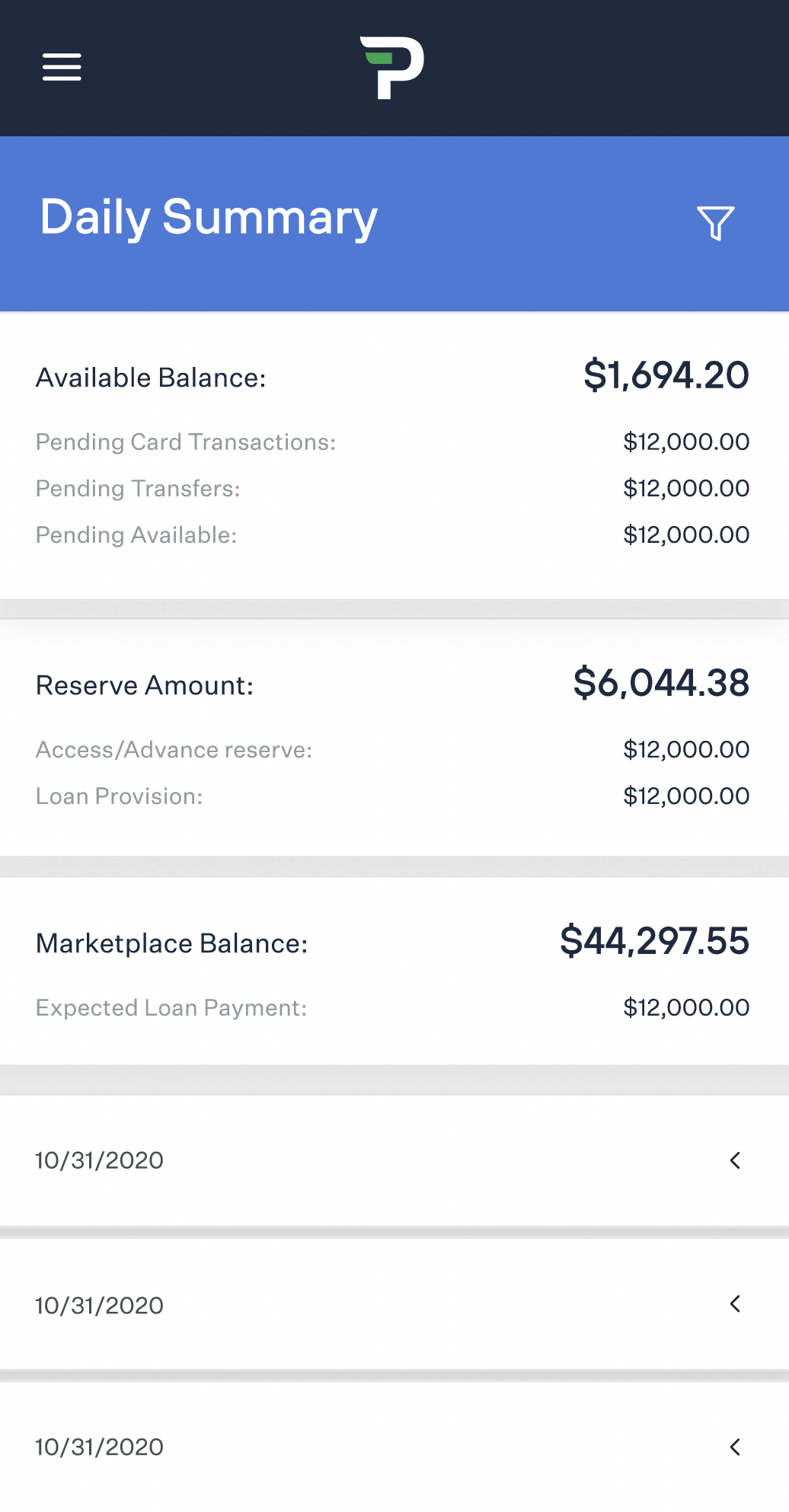 Payability Mobile App Dashboard